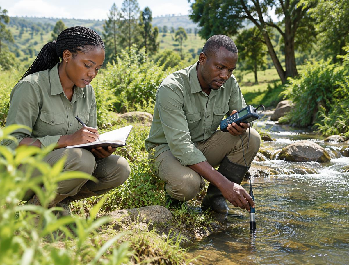 Illustrative environmental consultants collecting water samples in rural Kenya